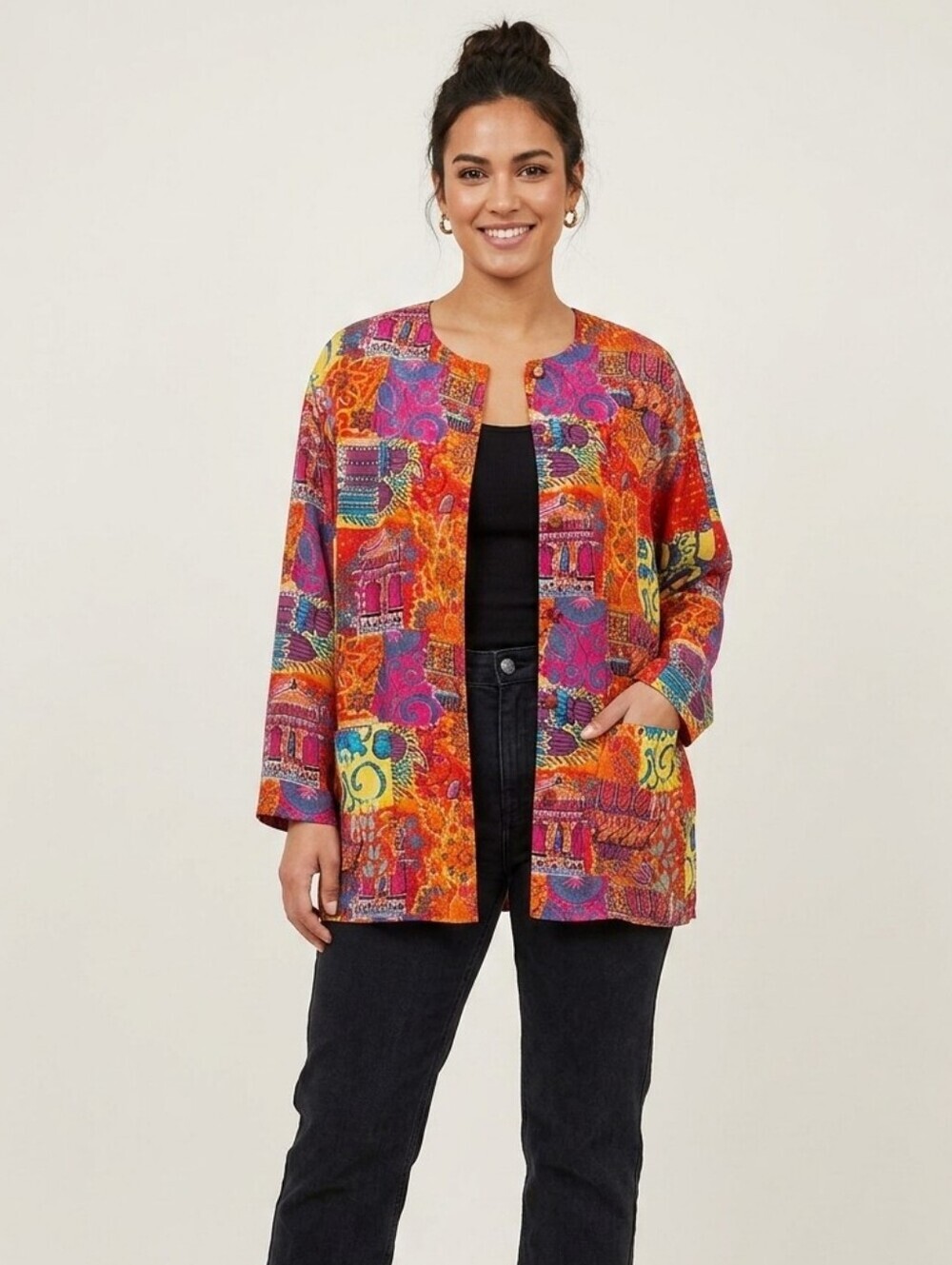 Jaeger Full Color 100% Silk Long Sleeve Front Pocket Blouse Plus Size M